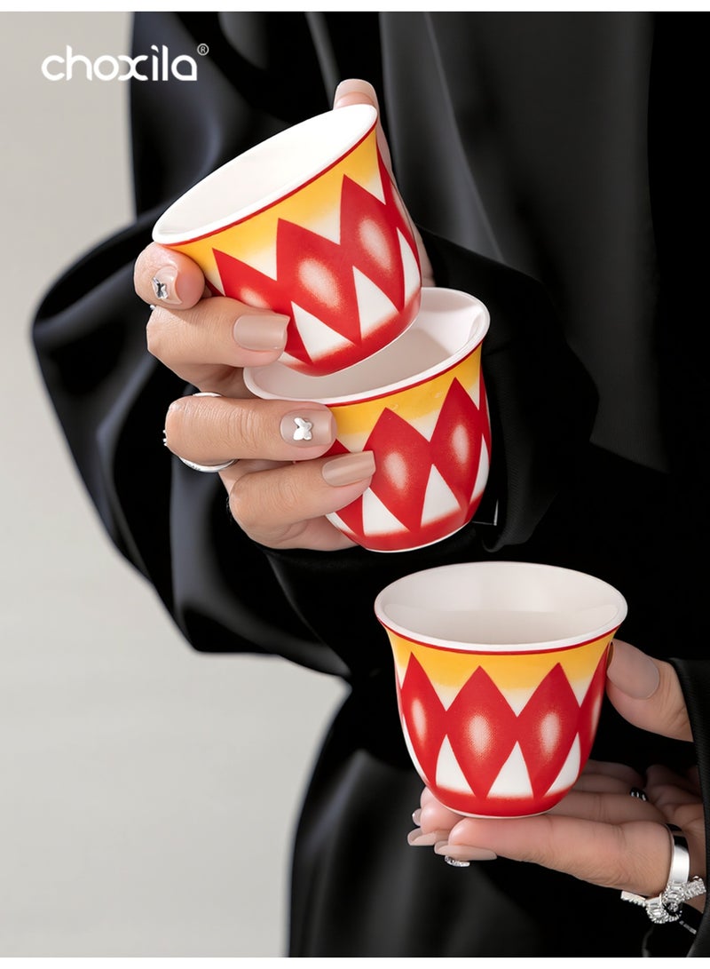 choxila 6pcs/set Finjān Cups, Traditional Pattern Porcelain Arabic Coffee Cawa Cup, 70ml Mini Ceramic Coffee Cups, Middle Eastern Style Geometric Pattern Coffee Mugs, Saudi Style Tea Cups, for Ramadan/Party/Wedding/Camping, Ramadan Gifts - Image 2